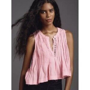 Anthropologie Lottie Pleated Linen Tank Pink Medium EUC
